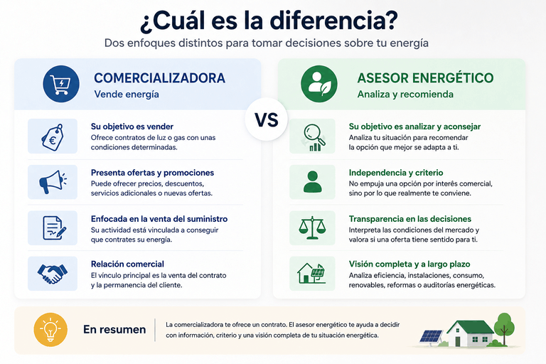 diferencias entre una comercializadora y un asesor energético